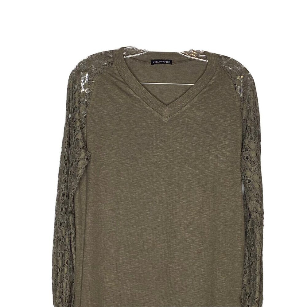SYellowafter Green Ribbed Lace Long Sleeve Top S - Picture 2 of 4